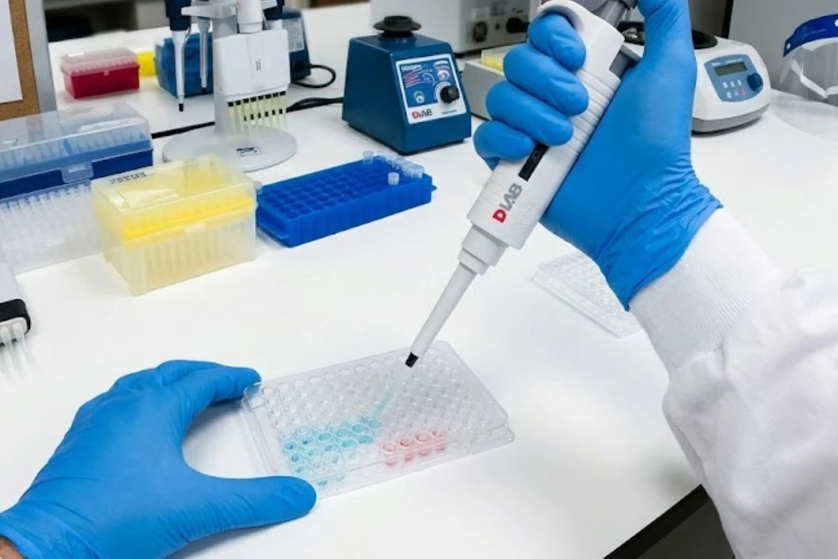 Vista desde la perspectiva de un tecnólogo médico utilizando una micropipeta automática de volumen variable para llenar una placa de microtitulación en un laboratorio clínico.