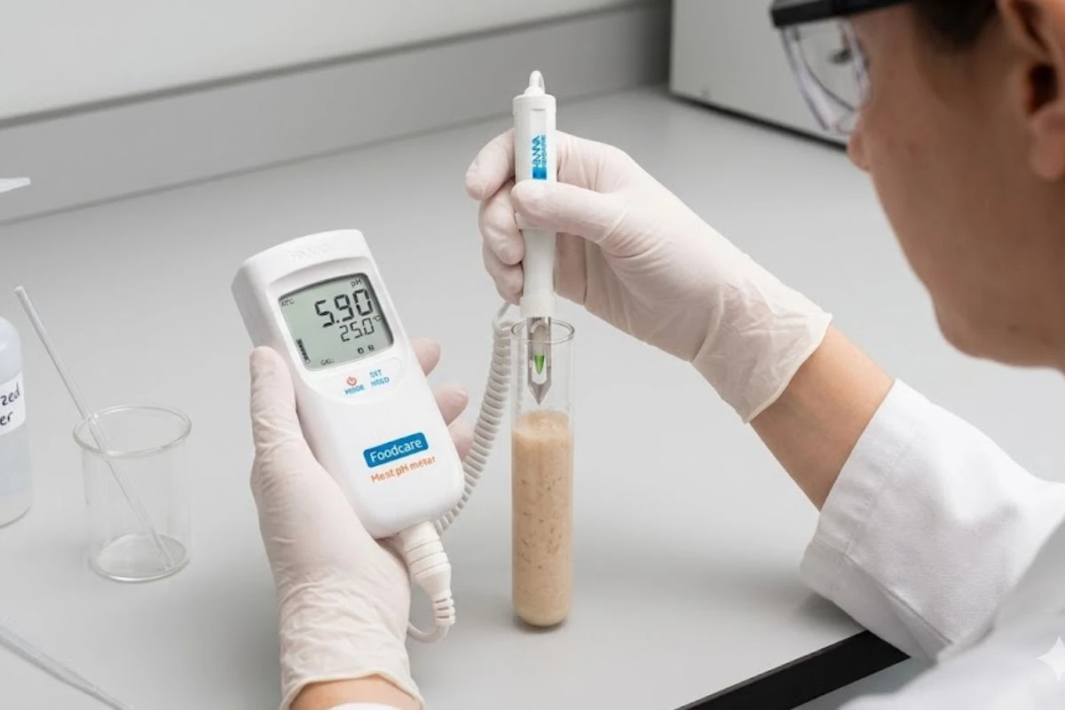 Investigadora en laboratorio utilizando un peachímetro portátil Hanna Foodcare para medir la conductividad de una muestra líquida en un vaso de precipitados.