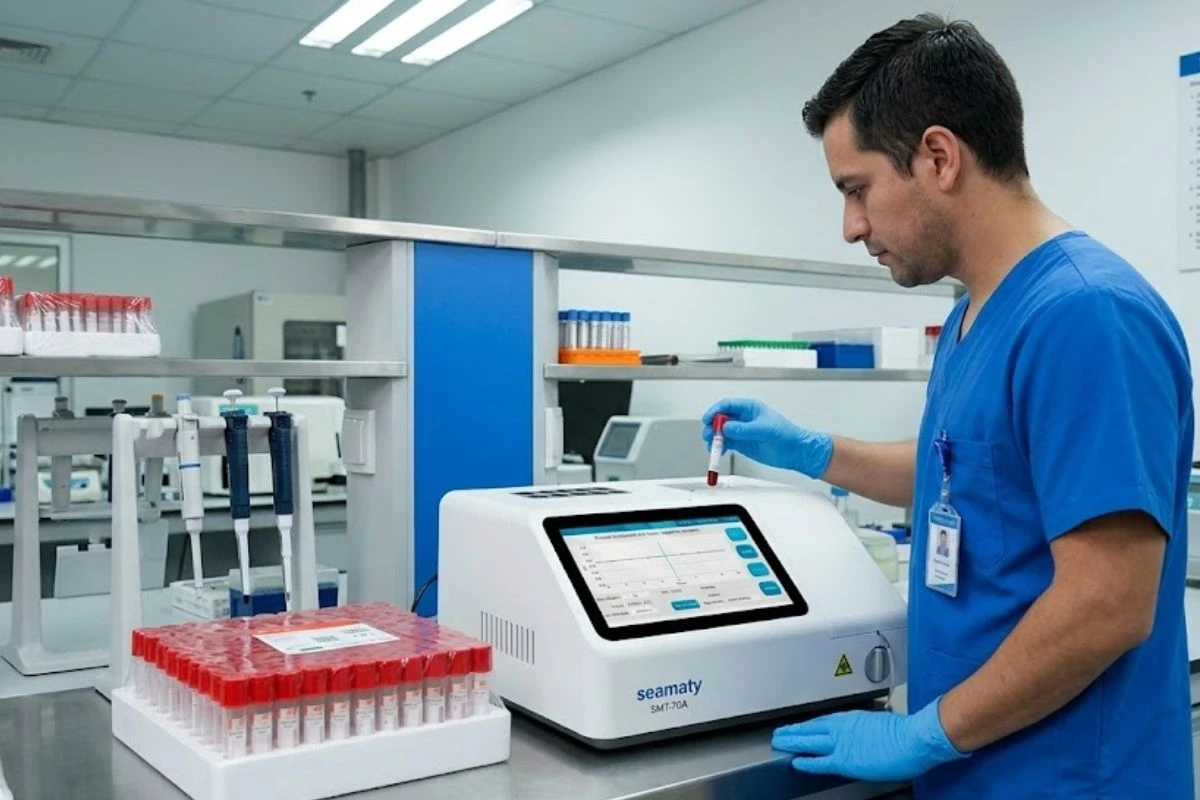 Tecnólogo médico analizando muestras en el analizador Seamaty SMT-70A con caja de tubos al vacío tapa roja en laboratorio.