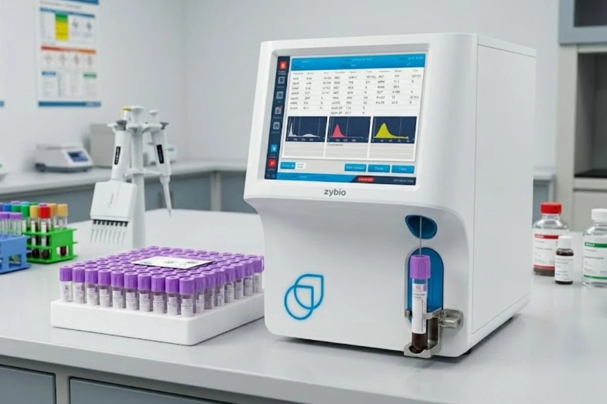 Analizador hematológico Zybio Z3 en mesa de laboratorio con gradilla de tubos tapa lila para fase preanalítica.