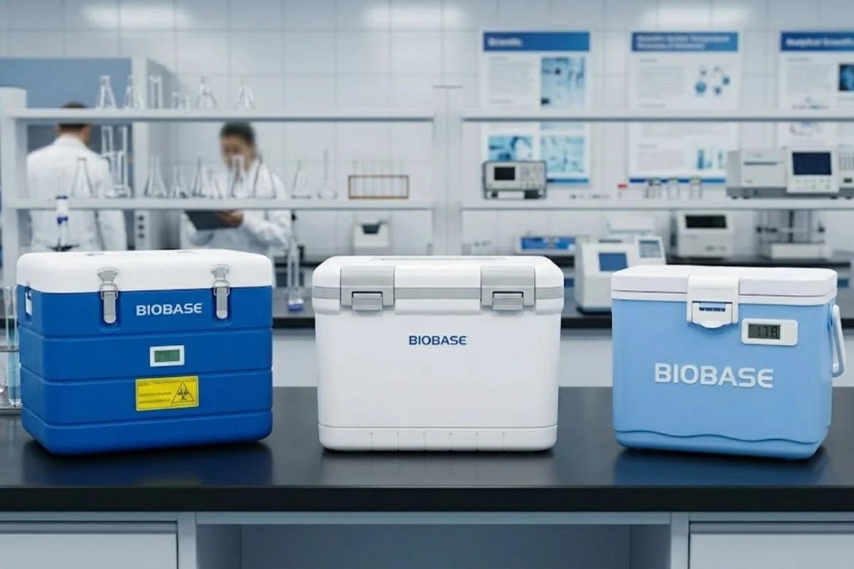 Exhibición de tres modelos de coolers Biobase en una mesa de laboratorio: uno azul con monitor de temperatura, uno blanco estándar y uno celeste compacto para transporte de muestras biológicas