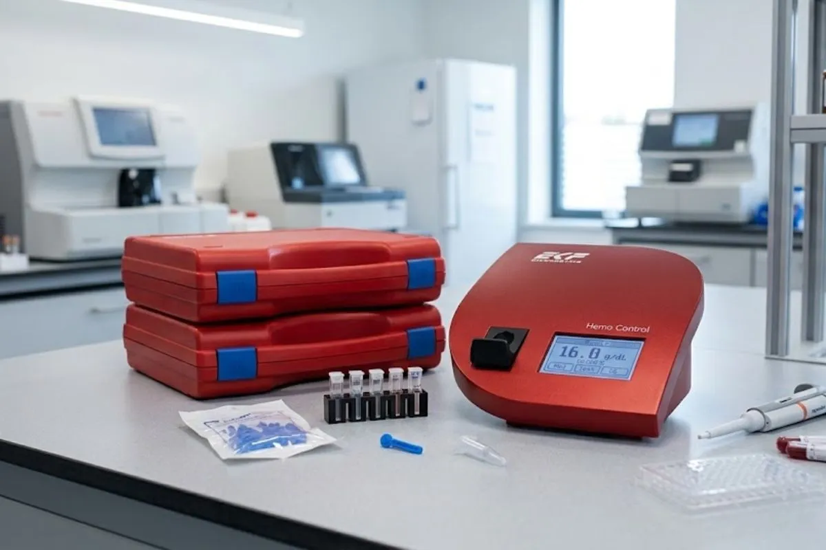 Hemoglobinómetro portátil EKF Diagnostics Hemo Control sobre una mesa de laboratorio clínico.