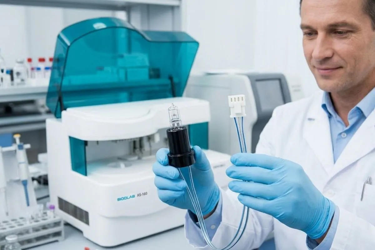 Instalación de una lámpara de repuesto con cables y terminales en un analizador de bioquímica automático. El procedimiento correcto para reemplazar lámparas para fotómetros