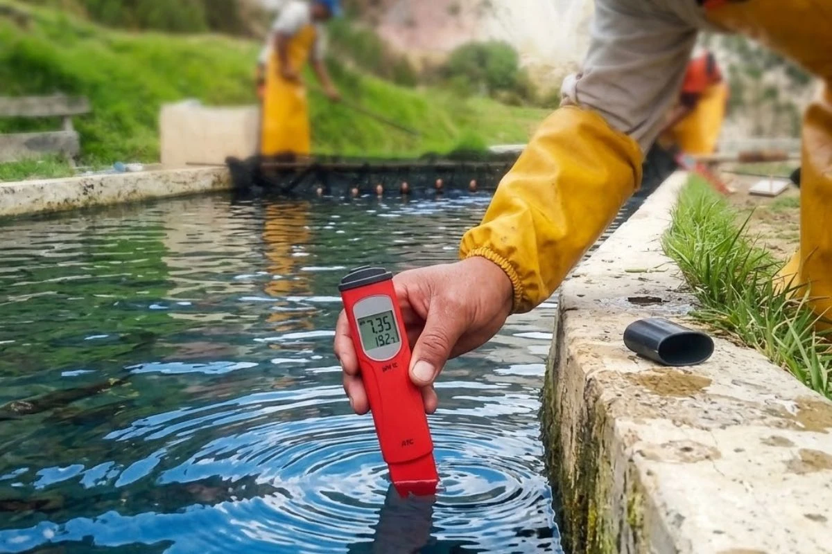 Primer plano de un operario usando un peachimetro digital de bolsillo en el agua de una piscigranja de truchas en la sierra.