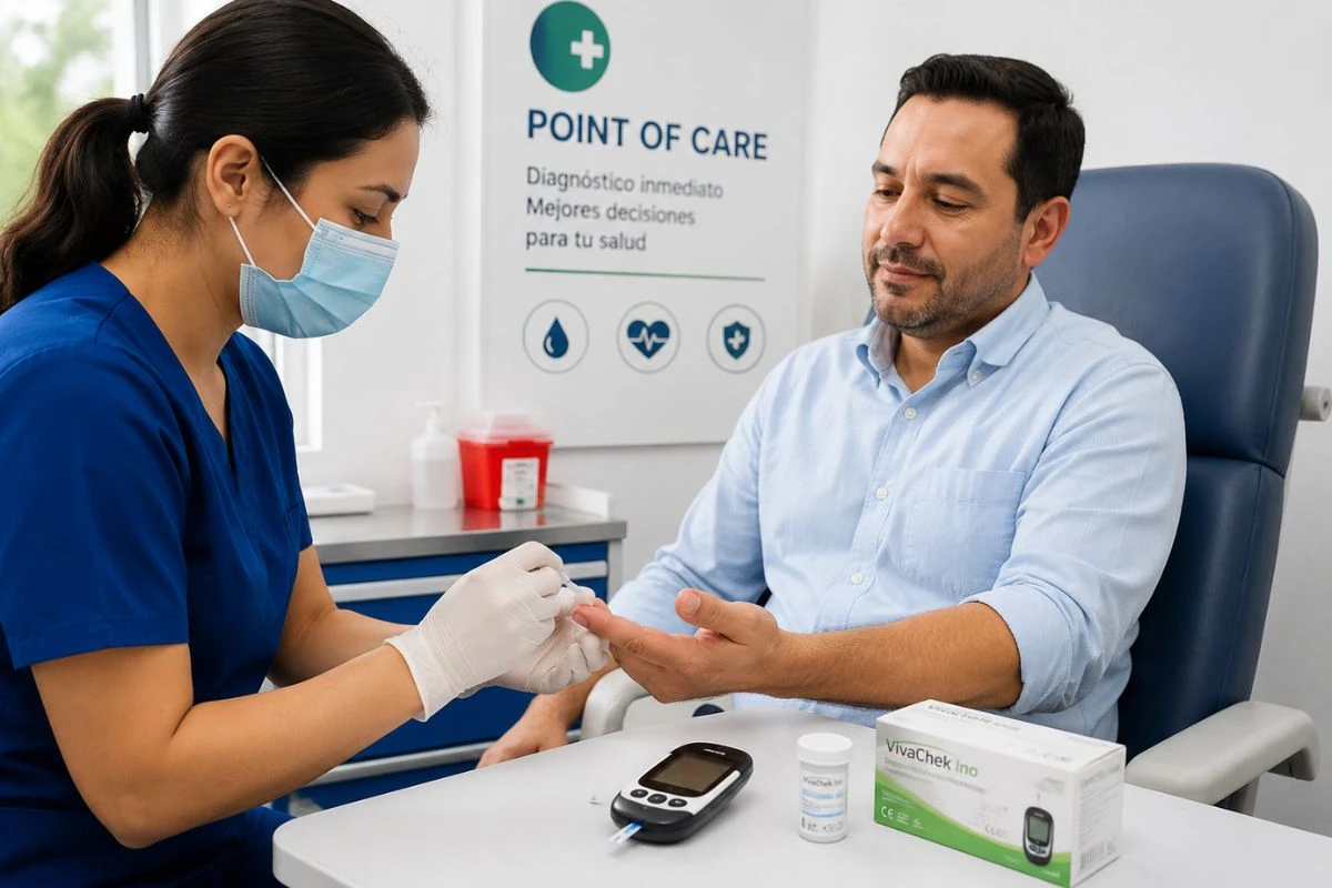 Profesional de salud realizando una prueba Point of Care (POC) a un paciente mediante un dispositivo portátil para diagnóstico inmediato en un consultorio clínico.