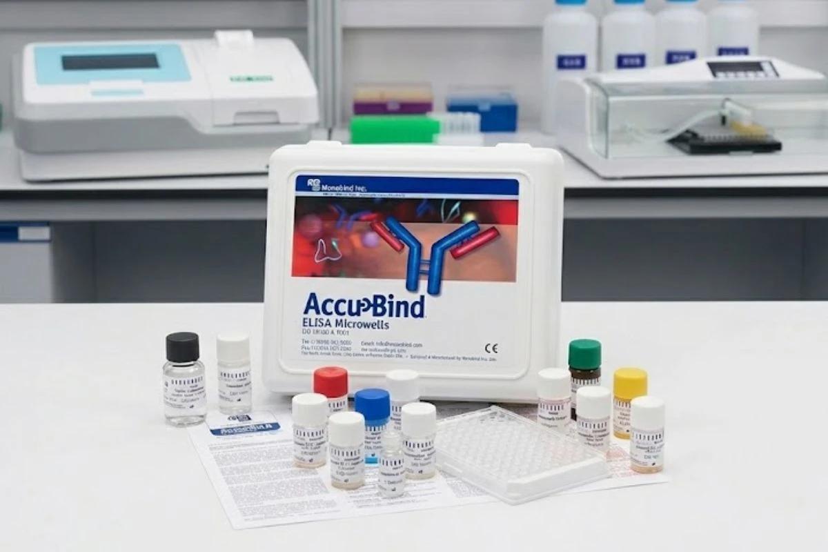 Kit de reactivos AccuBind para prueba de ELISA con microplaca de 96 pozos en primer plano y equipos de lectura y lavado automatizado al fondo en un laboratorio.