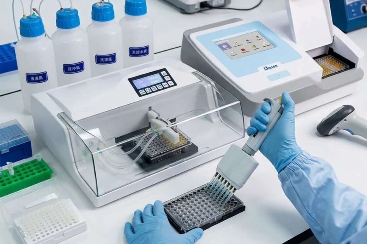 Tecnólogo médico realizando una prueba diagnóstica utilizando un lavador automático de microplacas y un lector ELISA Diatek en un laboratorio clínico.