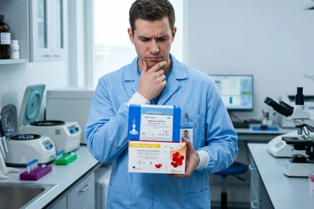 Tecnólogo médico en un laboratorio analizando cajas de pruebas rápidas de VIH y Sífilis con expresión inquisitiva