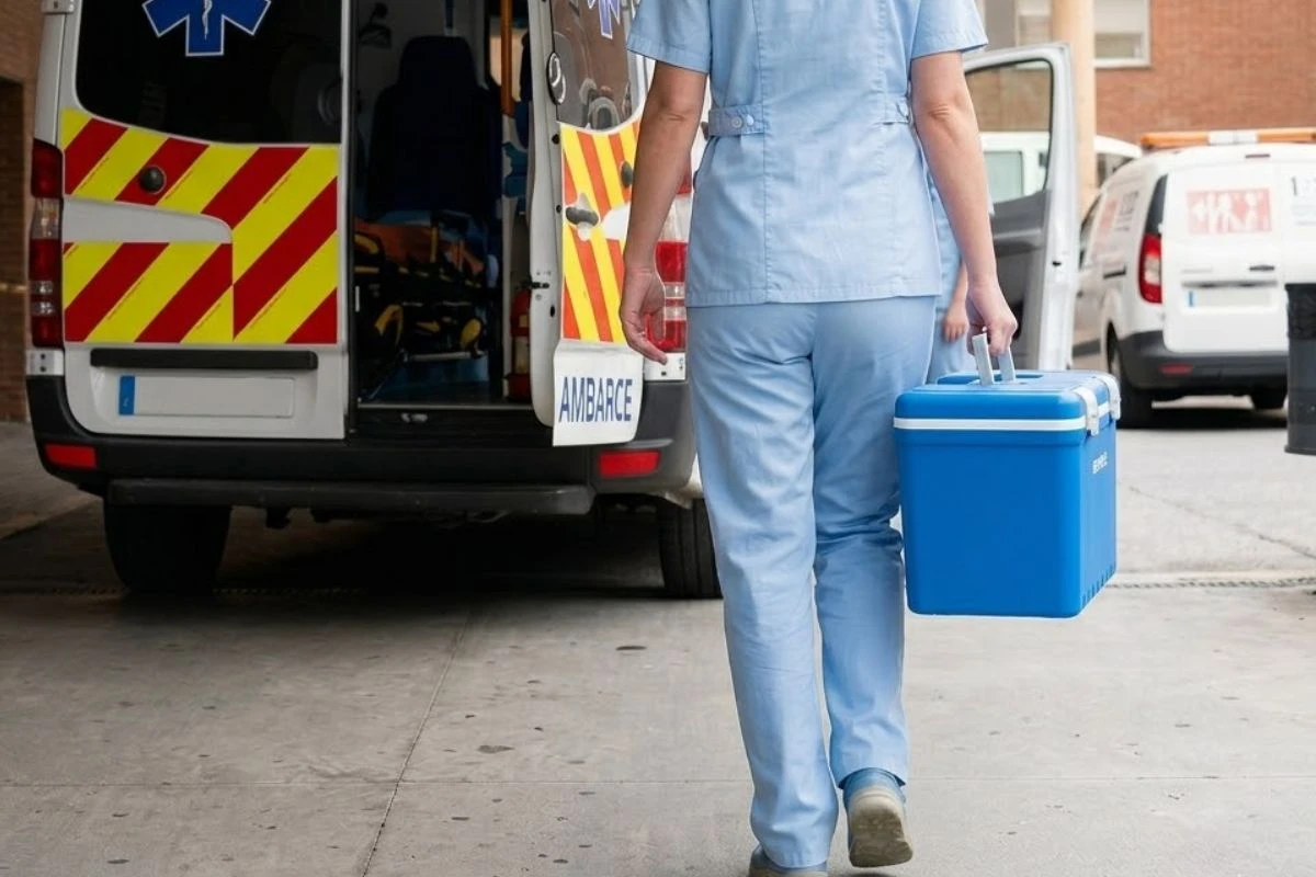 Enfermera transportando cooler Biobase azul para muestras biológicas hacia una ambulancia en un hospital