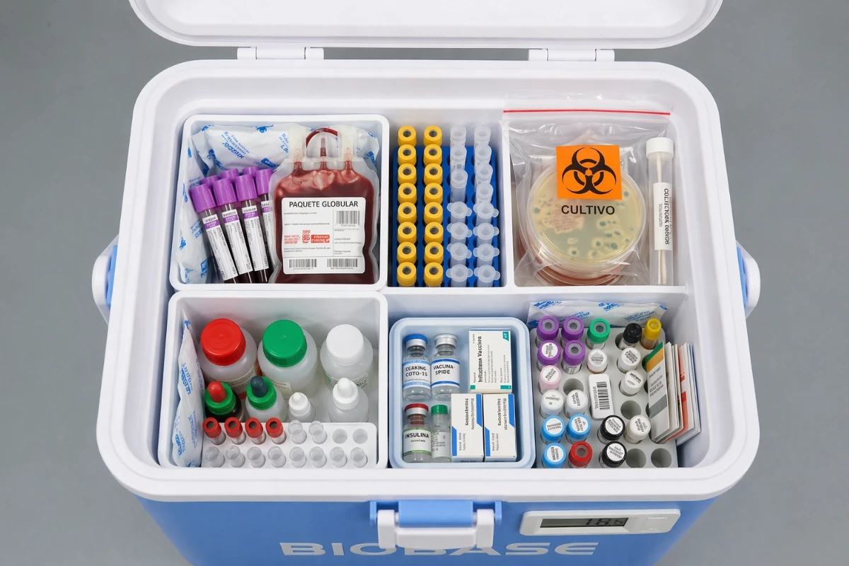 transporte de muestras biológicas en cooler de laboratorio con reactivos y vacunas