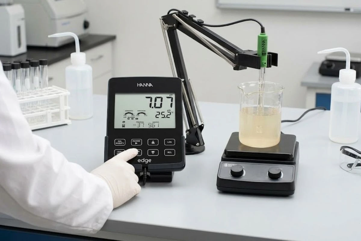 Científico con guantes operando un pHmetro de sobremesa Hanna Edge para analizar una muestra líquida agitada en un vaso de precipitados dentro de un laboratorio.