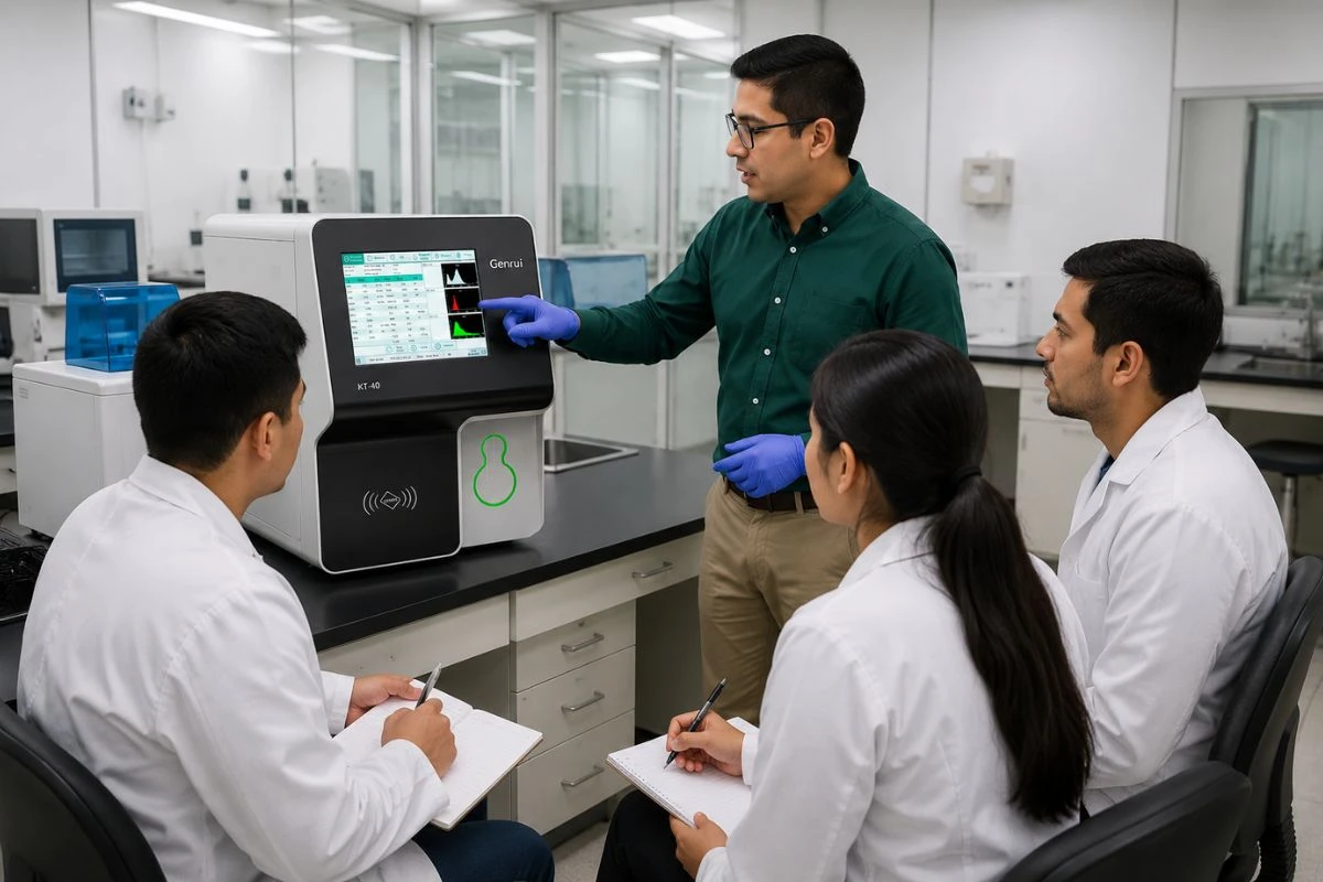 Especialista capacitando a personal de laboratorio sobre el uso del analizador hematológico Genrui KT-40 en laboratorio clínico moderno.