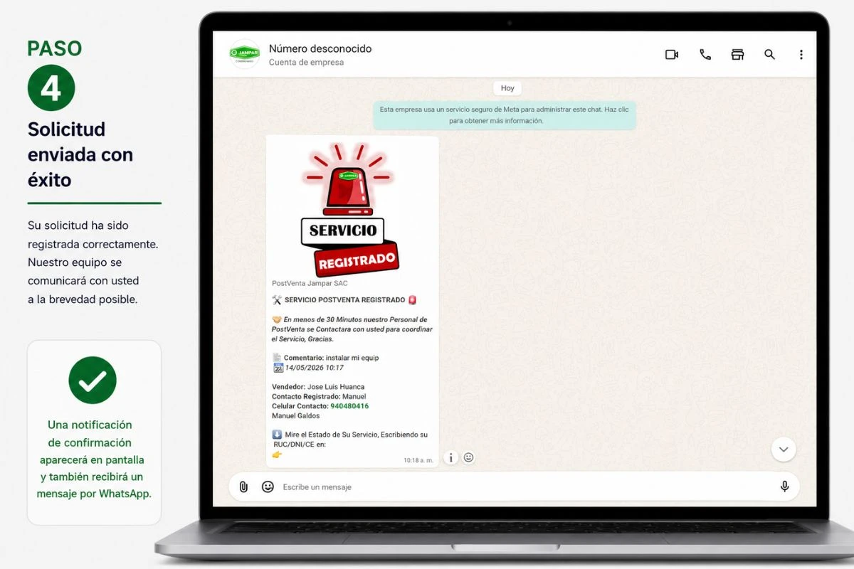 Confirmación de servicio registrado mediante WhatsApp en el sistema Post Venta JAMPAR