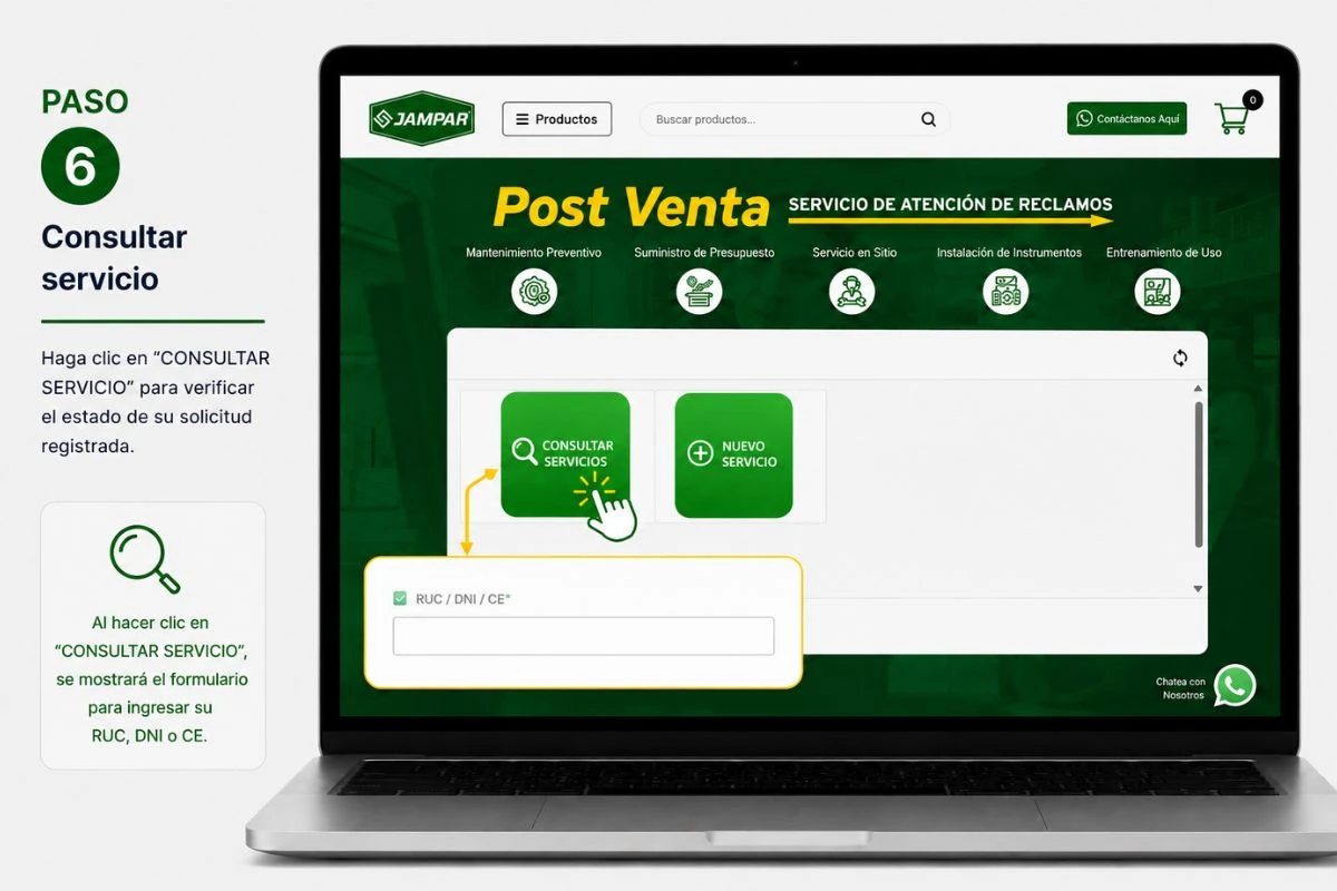 Consulta del estado de servicio en el sistema Post Venta JAMPAR mediante RUC, DNI o CE.