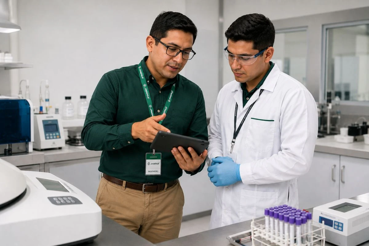 Ingeniero de JAMPAR asesorando a tecnólogo en laboratorio clínico con equipos biomédicos y análisis de muestras