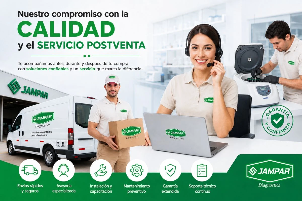 Equipo de servicio postventa de JAMPAR brindando soporte técnico, delivery y atención especializada para equipos de laboratorio clínico en Perú.