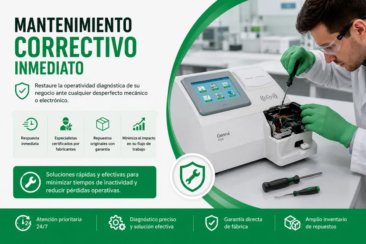 Técnico realizando mantenimiento correctivo inmediato a equipo de laboratorio Genrui F50 con repuestos originales