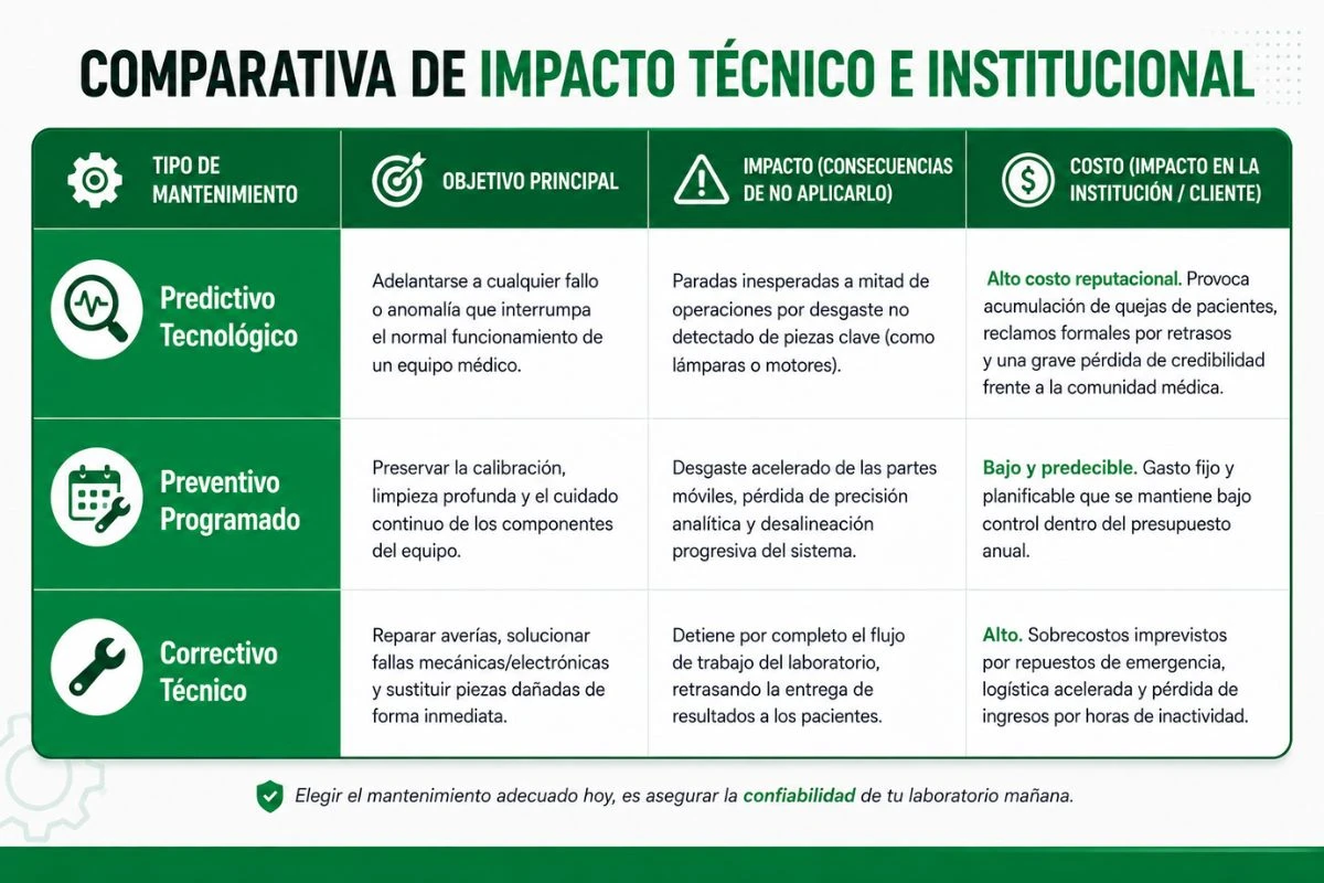 Tabla comparativa de mantenimiento de equipos de laboratorio: preventivo programado, correctivo técnico y predictivo tecnológico.