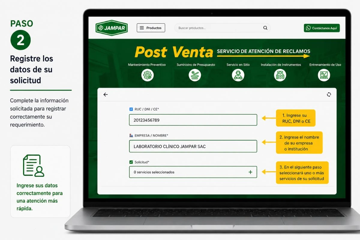 Registro de datos de solicitud en el sistema Post Venta JAMPAR.