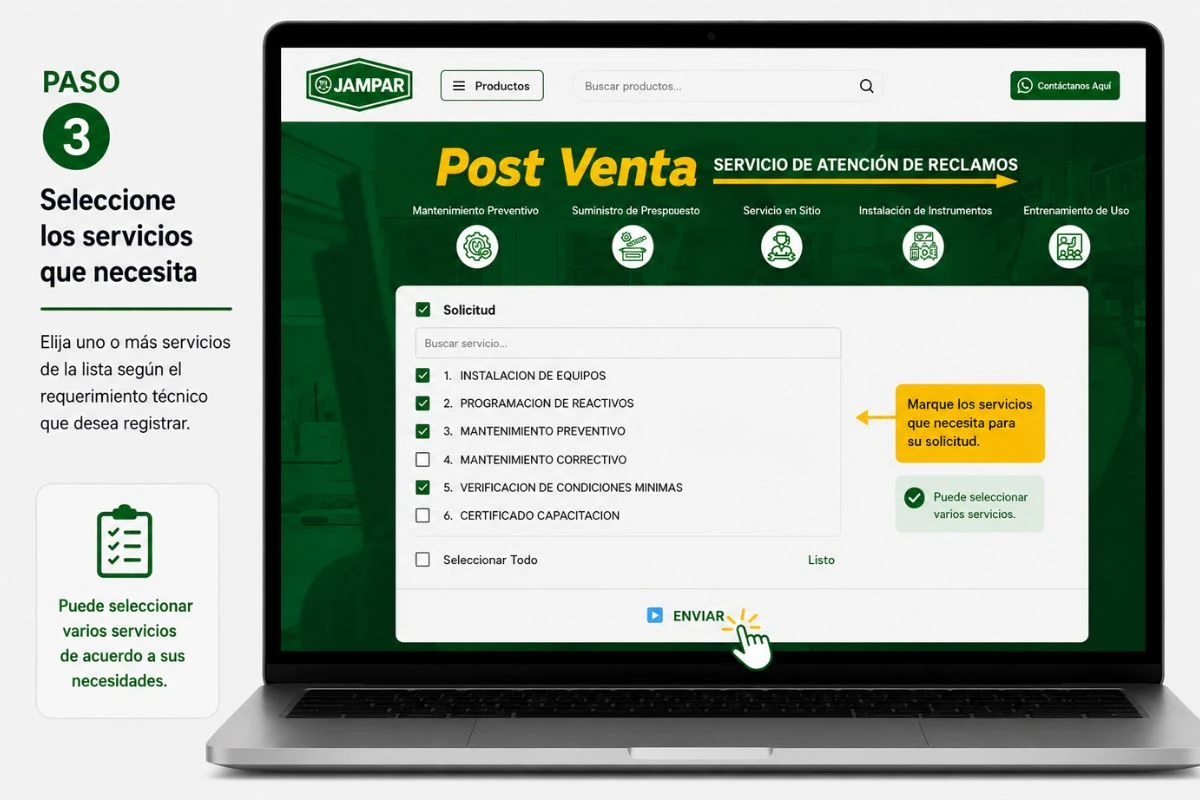 Selección de servicios en el sistema de Post Venta JAMPAR antes de enviar la solicitud.