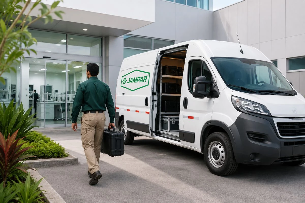 Unidad móvil de servicio técnico JAMPAR llegando a laboratorio para atención en sitio y soporte especializado de equipos biomédicos.