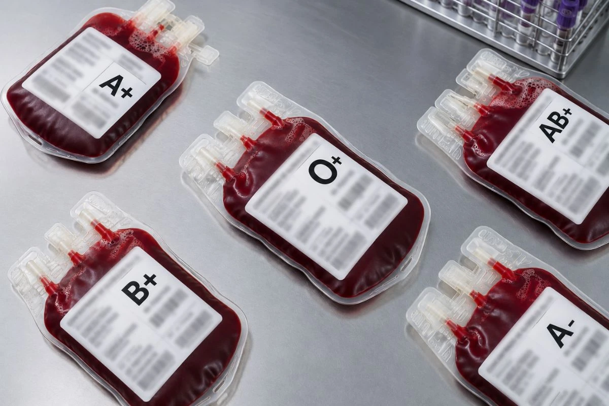 Bolsas de sangre organizadas sobre una mesa de laboratorio para su clasificación, conservación y almacenamiento en banco de sangre.