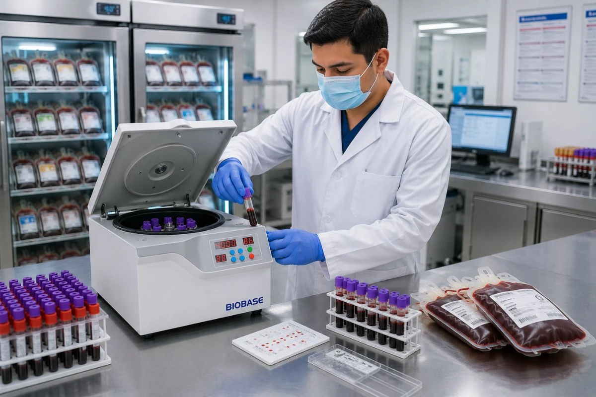 Tecnólogo médico utilizando una centrífuga de inmunohematología BIOBASE BKC-TL4CE en un banco de sangre para pruebas de compatibilidad sanguínea y preparación de muestras