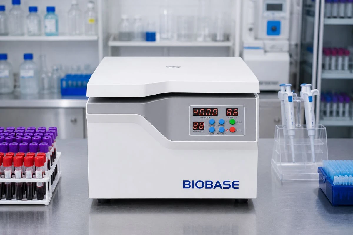 Centrífuga de inmunohematología BIOBASE BKC-TL4CE sobre mesa de laboratorio utilizada para lavado de eritrocitos, pruebas de compatibilidad sanguínea y procedimientos de banco de sangre