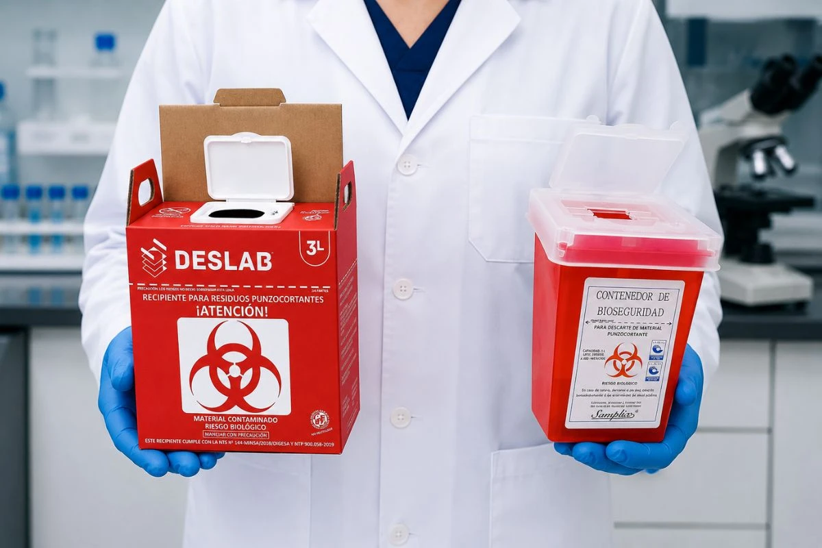 Tecnólogo médico sosteniendo contenedores de bioseguridad de cartón y de plástico en laboratorio clínico