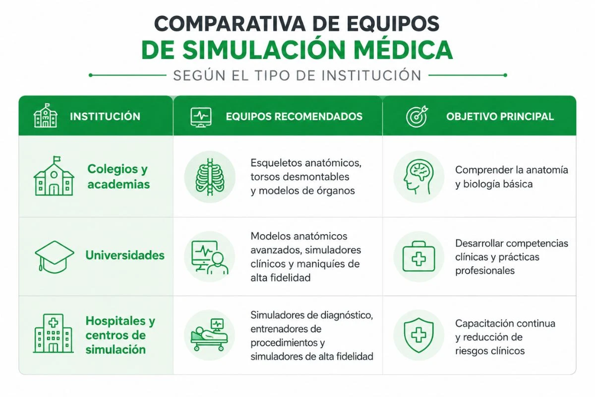Comparativa de equipos de simulación médica para colegios, universidades y hospitales según objetivos de formación y capacitación.