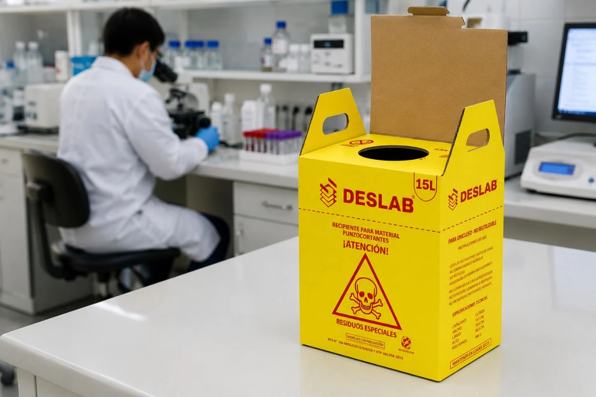 Contenedor de bioseguridad amarillo DESLAB para residuos punzocortantes ubicado sobre una mesa de laboratorio clínico