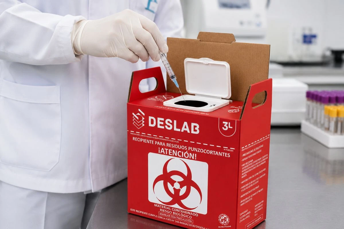 Tecnólogo médico depositando una aguja usada en un contenedor de bioseguridad para residuos punzocortantes DESLAB dentro de un laboratorio clínico