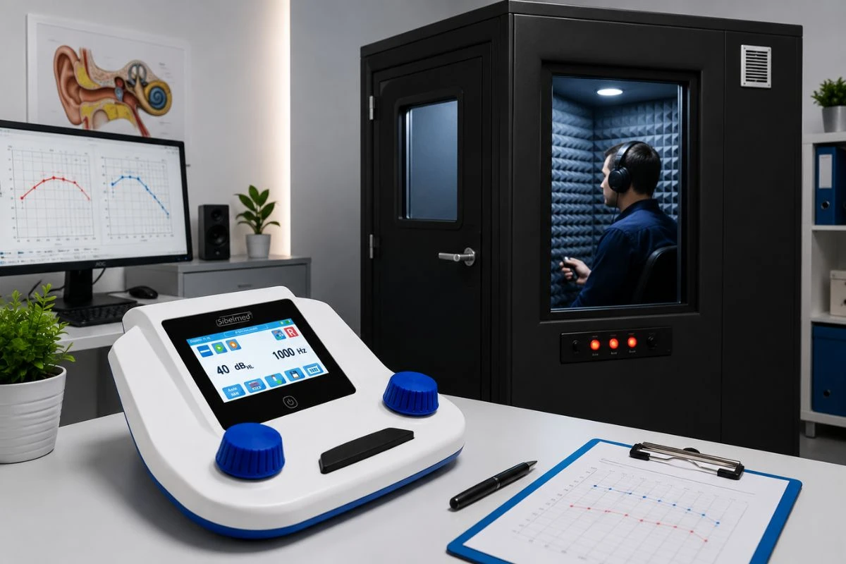 Equipos de monitoreo ocupacional para evaluaciones auditivas laborales con audiometro digital y cabina audiométrica de aislamiento acústico.