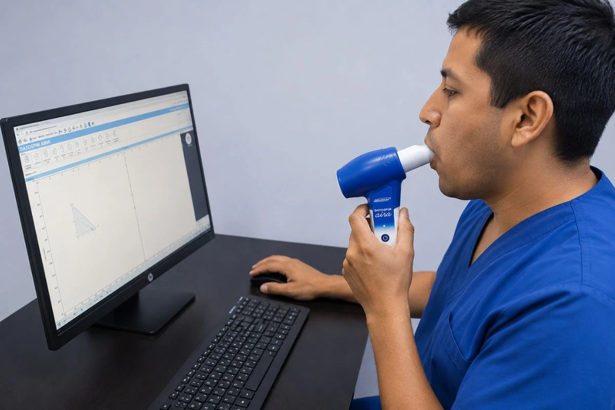 Equipos de monitoreo ocupacional para espirometría laboral con Datospir Aira durante evaluación respiratoria en salud ocupacional