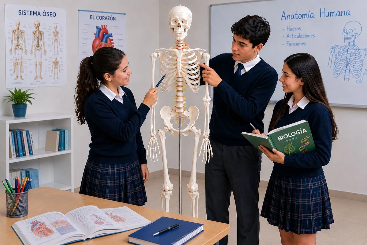 Estudiantes de colegio utilizando una maqueta de planos anatómicos para aprender anatomía humana y biología mediante un esqueleto anatómico de tamaño natural.