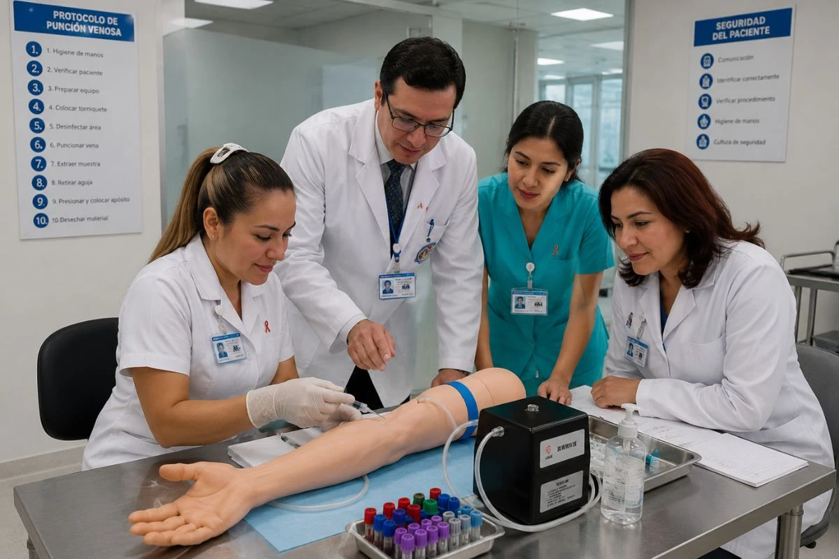 Profesionales de la salud utilizando equipos de simulación médica para practicar extracción de sangre e inyección intravenosa en un entorno de capacitación clínica.