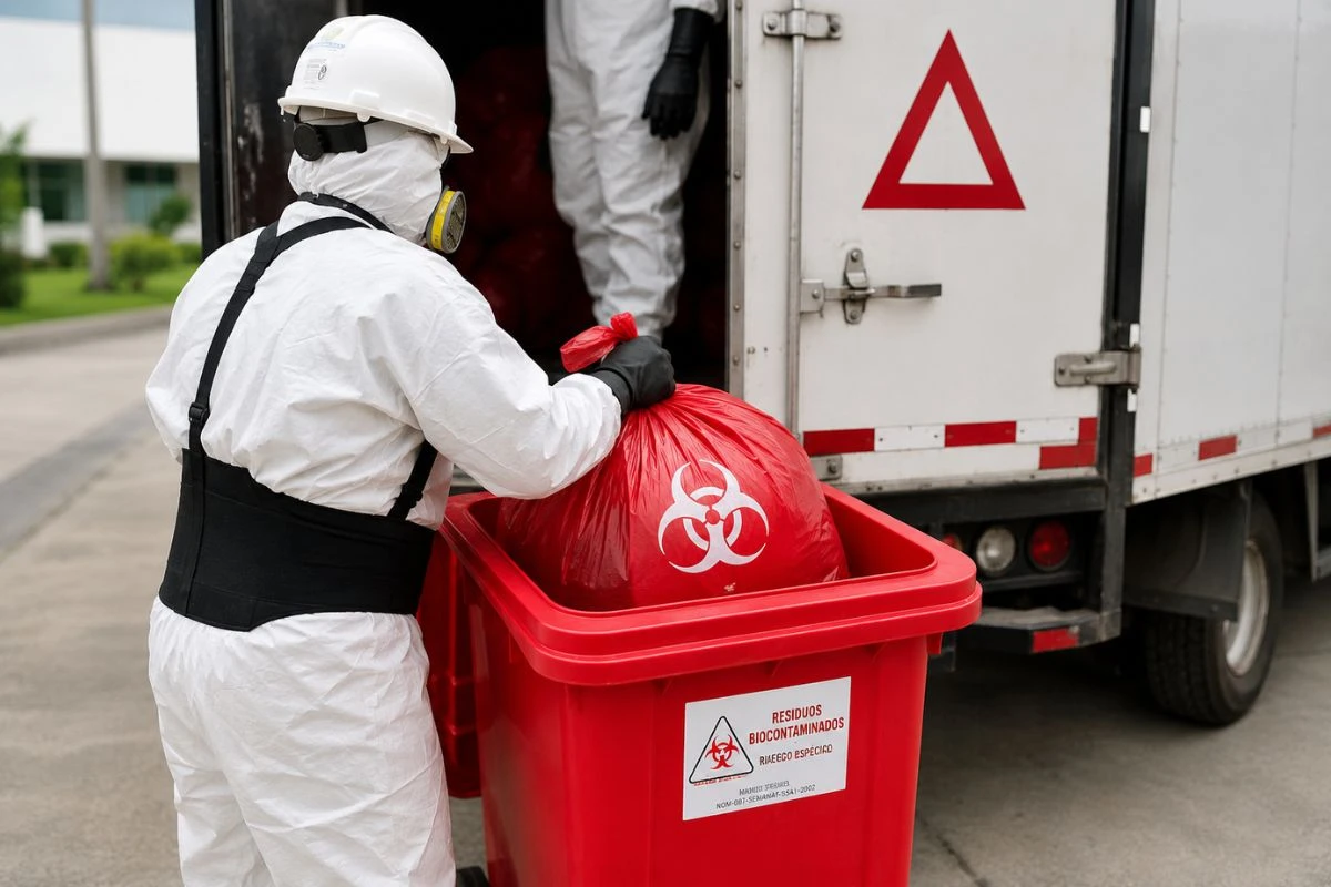 Operario especializado transportando residuos biocontaminados en contenedor rojo para su disposición final mediante gestor autorizado de residuos sanitarios.