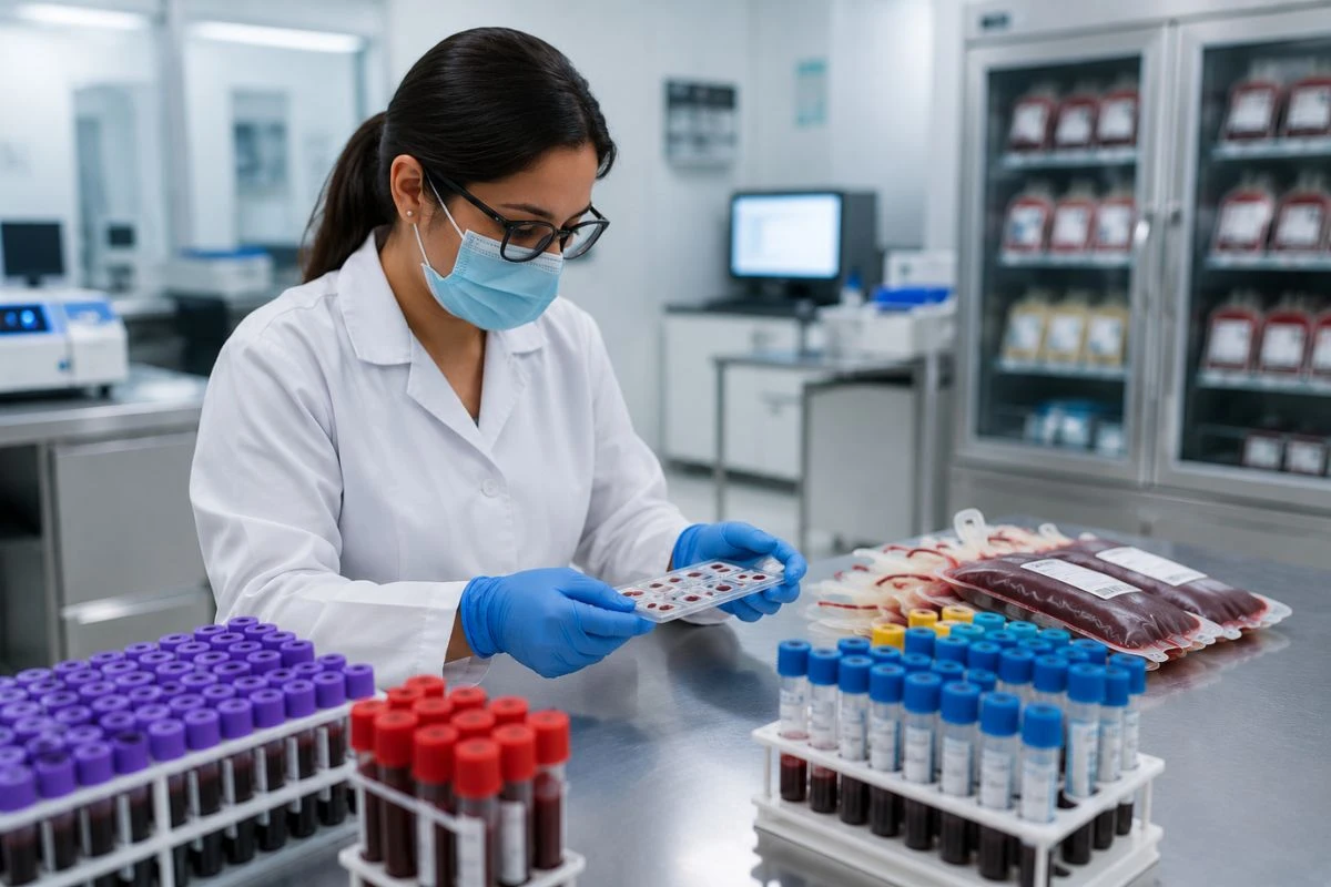 Tecnólogo médico realizando pruebas de inmunohematología y compatibilidad sanguínea en un banco de sangre con muestras y bolsas de sangre para transfusión.