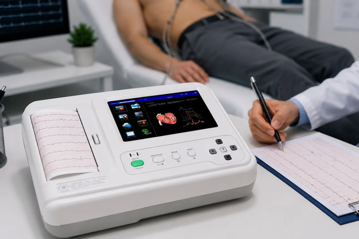 Equipos de monitoreo ocupacional para evaluación cardiovascular laboral con electrocardiógrafo CONTEC E6 durante examen de aptitud ocupacional