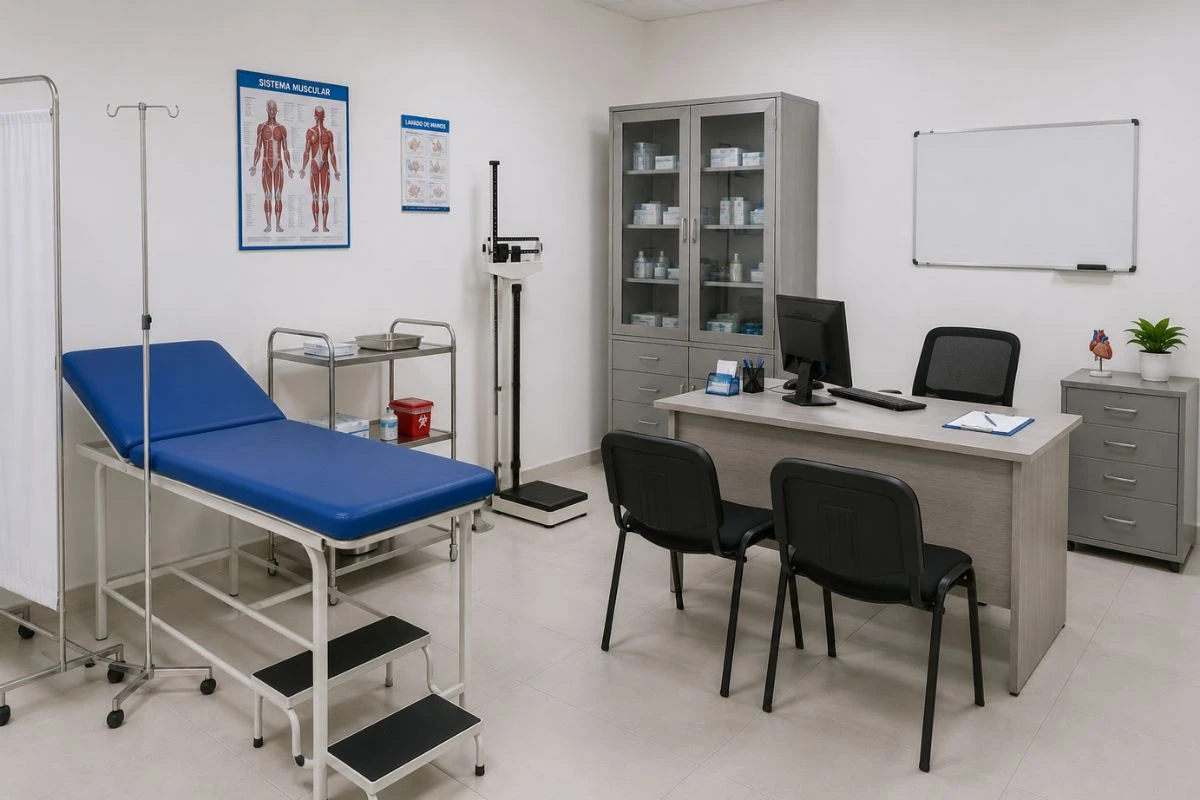 Consultorio médico equipado con camilla, porta suero, vitrina metálica, escalinata y mobiliario básico para áreas de atención médica.