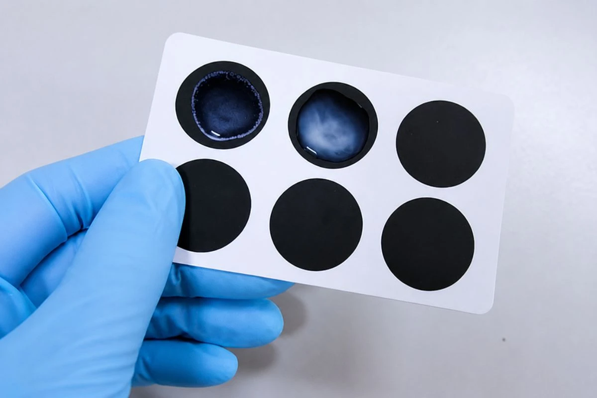 Tarjeta utilizada para realizar una prueba de aglutinación en látex en laboratorio clínico