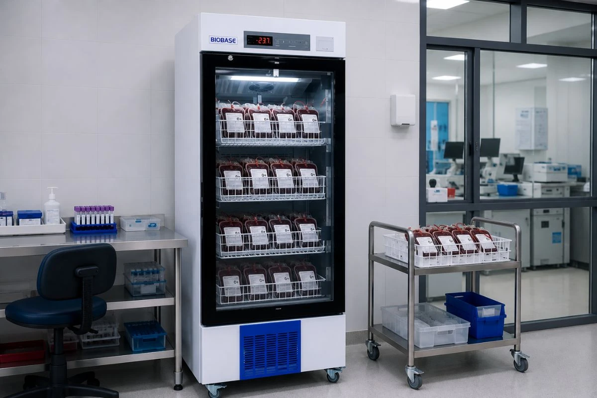 Refrigeradora para banco de sangre con bolsas de sangre organizadas en cestas internas para garantizar una conservación segura y una distribución uniforme del frío