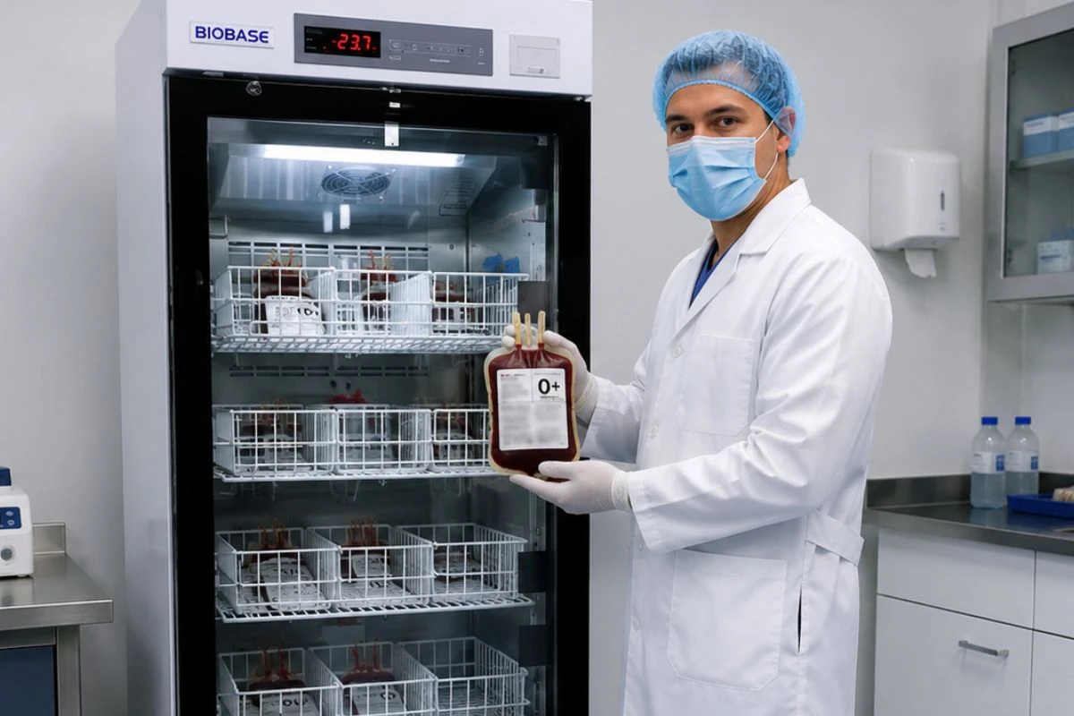 Tecnólogo médico mostrando una bolsa de sangre frente a una refrigeradora para banco de sangre con cestas de almacenamiento y sistema de conservación controlada