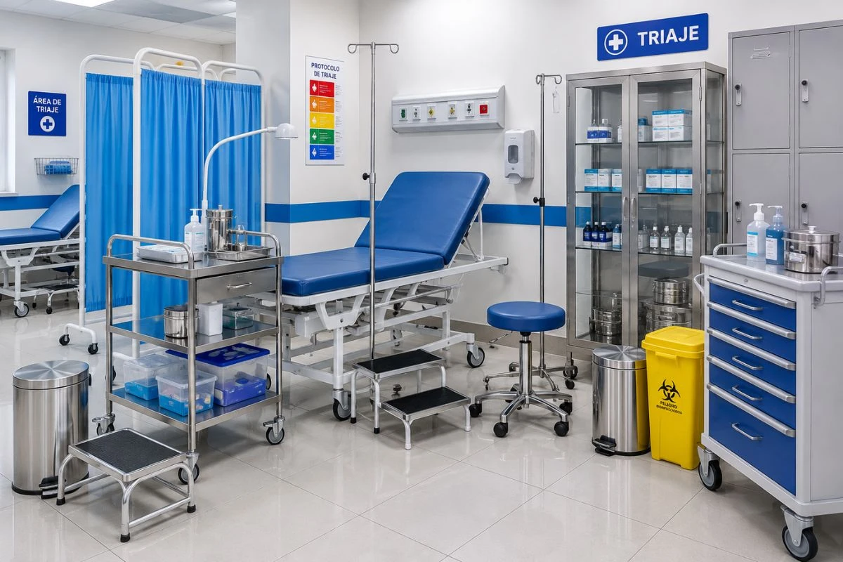 Sala de triaje equipada con camillas, biombo médico, porta sueros, carro múltiple uso, vitrina metálica y mobiliario básico para atención médica.