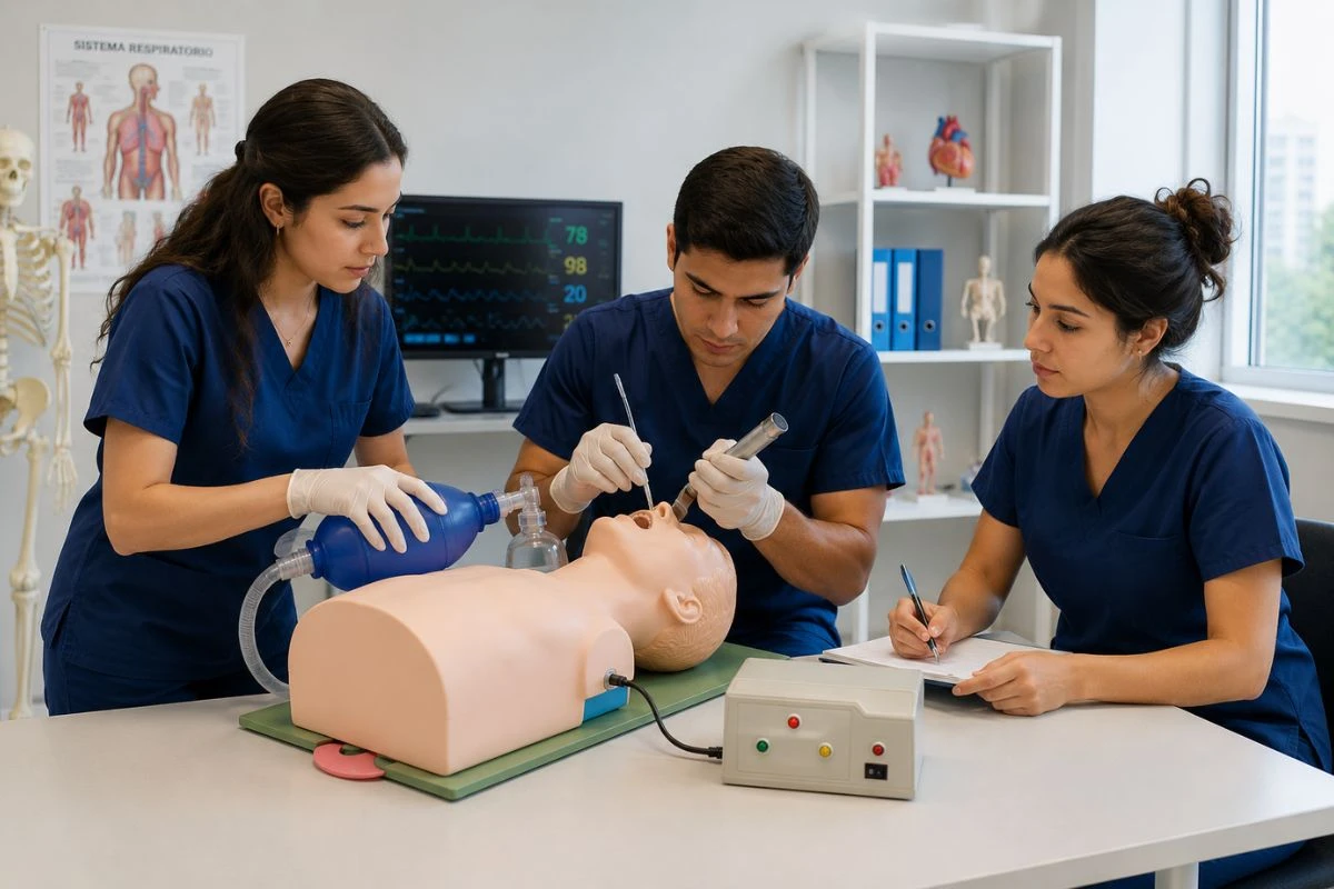 Estudiantes universitarios utilizando equipos de simulación médica para practicar técnicas de intubación traqueal en un laboratorio de formación clínica.