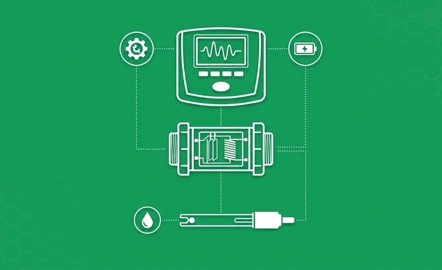 Partes de un conductímetro: electrodo, celda de conductividad y pantalla digital